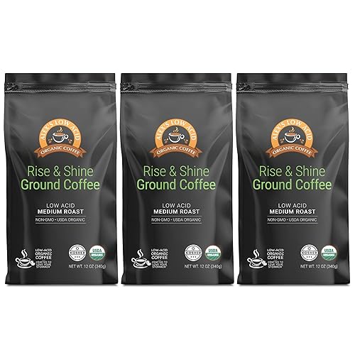 Alex's Low Acid Organic Coffee 12oz Bag - Rise and Shine Fresh Ground (Pack of 3)