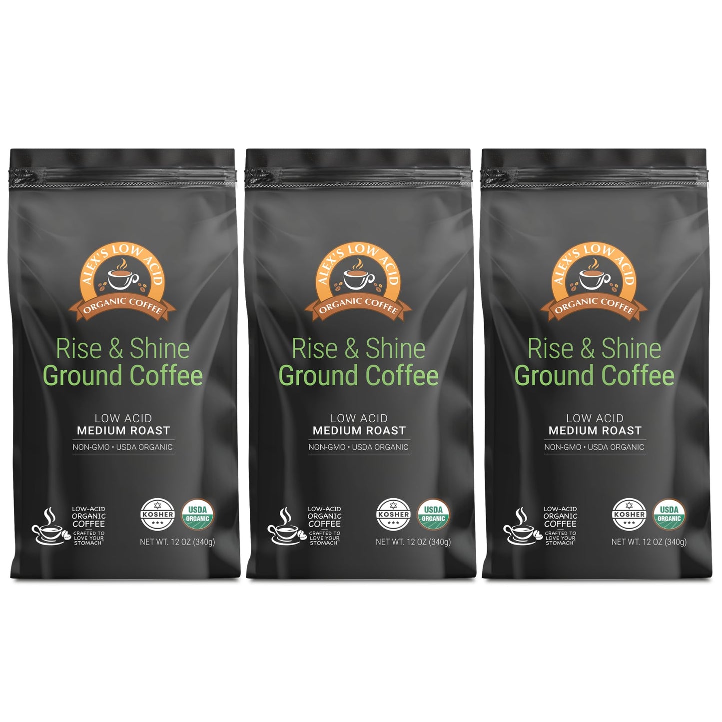 Alex's Low Acid Organic Coffee 12oz Bag - Rise and Shine Fresh Ground (Pack of 3)