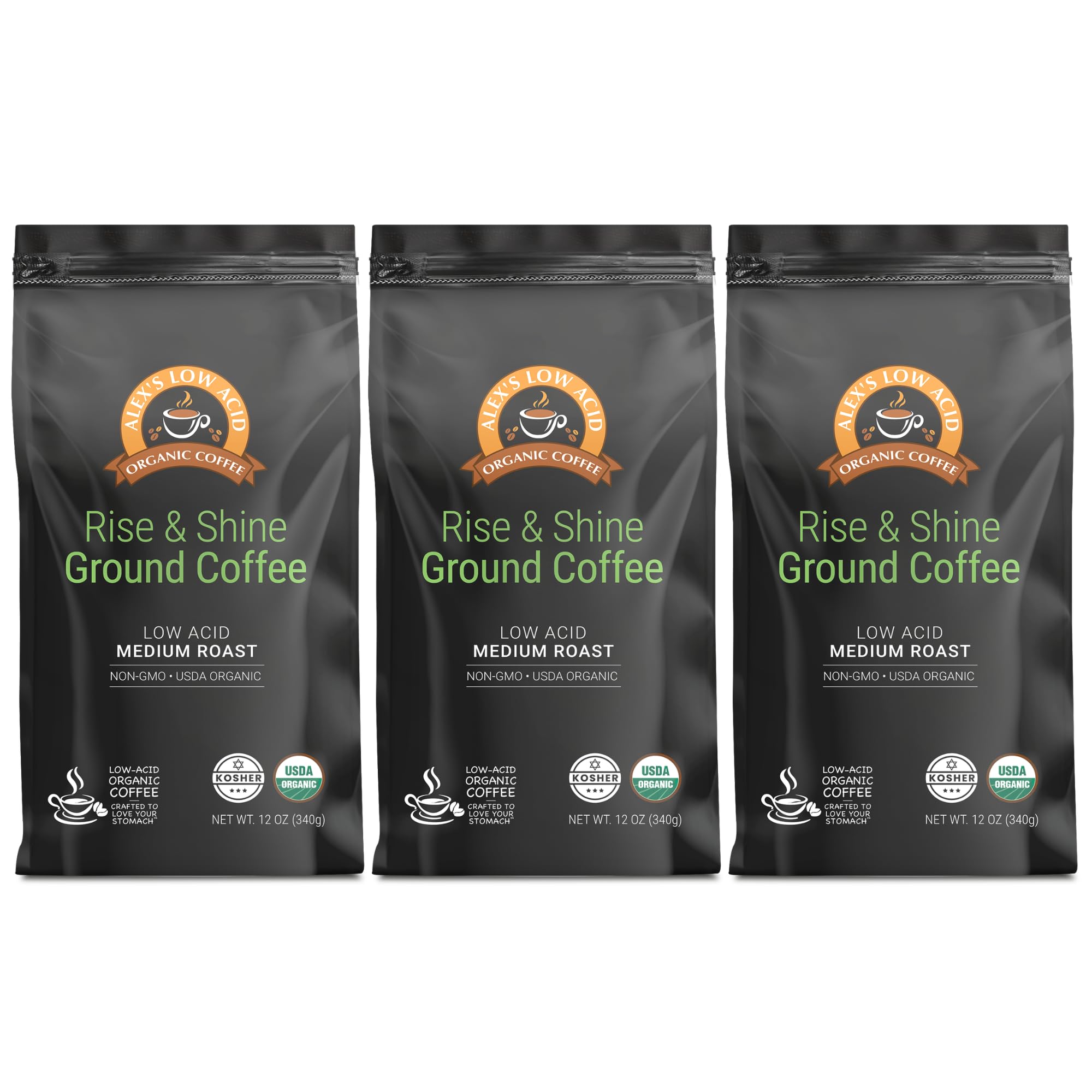 Alex's Low Acid Organic Coffee 12oz Bag - Rise and Shine Fresh Ground (Pack of 3)