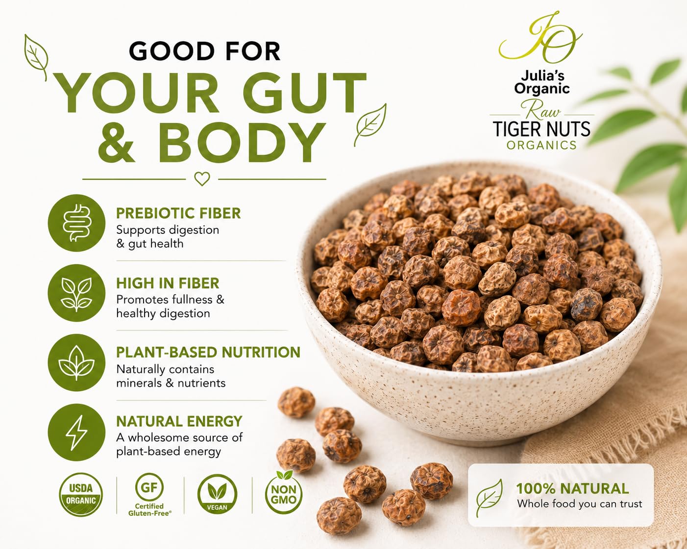 Julia's Organic Tiger Nuts (37 oz | Raw Snacks) Premium Raw Tiger Nuts | Gluten Free Snack, Non-GMO | Prebiotic Fiber | Paleo Friendly | Low