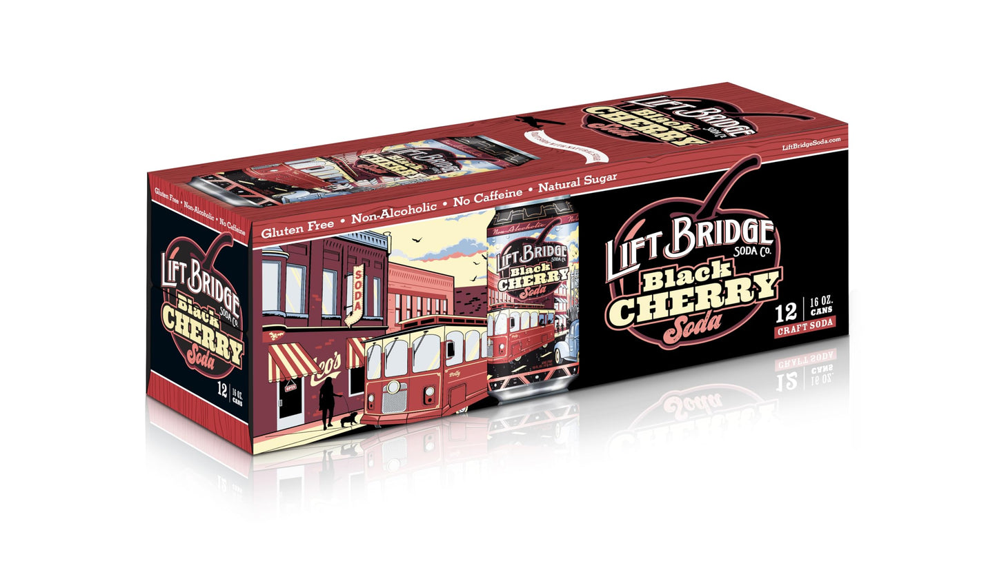 Lift Bridge Black Cherry Craft Soda - Real Cane Sugar, Small Batch from Stillwater MN, Gluten-Free, Caffeine-Free, Vegan, 12-Pack 16 oz Cans
