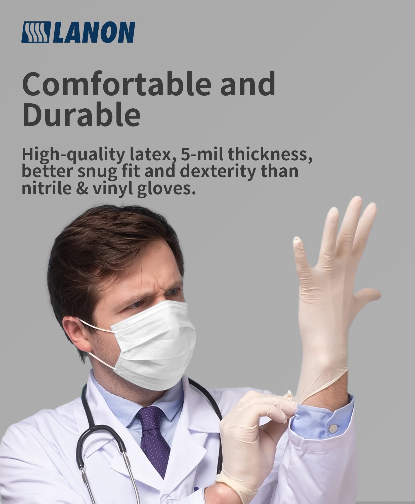 LANON 5 mil Latex Disposable Gloves, Food-Contact Grade, Powder-Free, Fully Textured, White, Medium