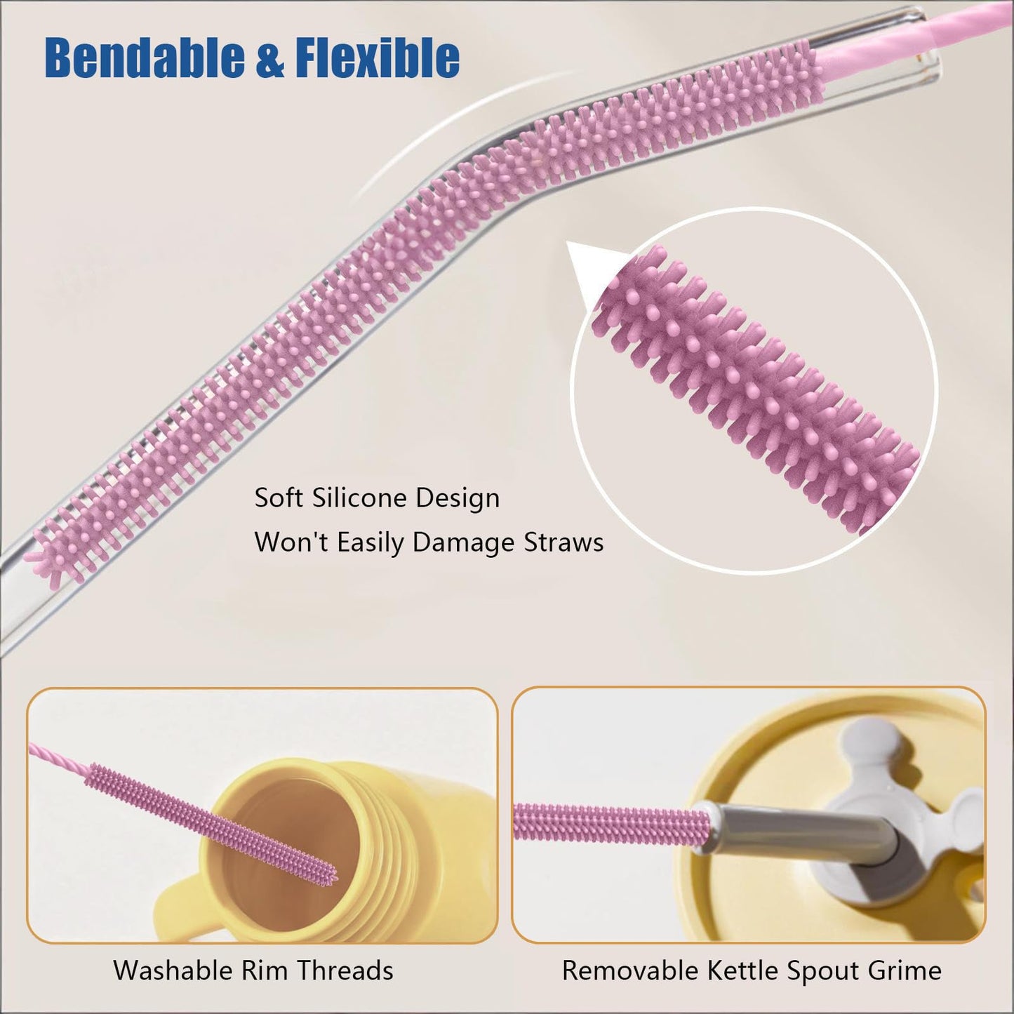 Silicone Straw Cleaner Brush, 2Pcs Reusable Cleaner Brush Extra Long, Straw Brush Bristles Cleaner for Cleaning Stanley Metal Glass Straws Drink Lid