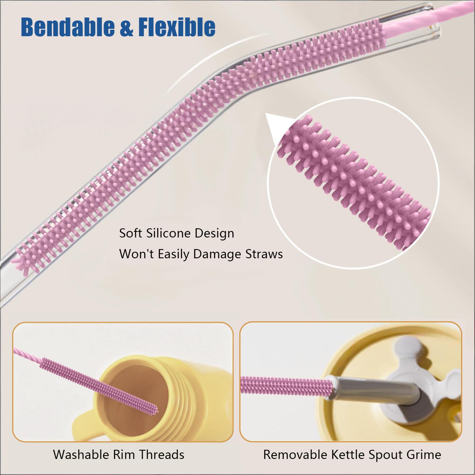 Silicone Straw Cleaner Brush, 2Pcs Reusable Cleaner Brush Extra Long, Straw Brush Bristles Cleaner for Cleaning Stanley Metal Glass Straws Drink Lid
