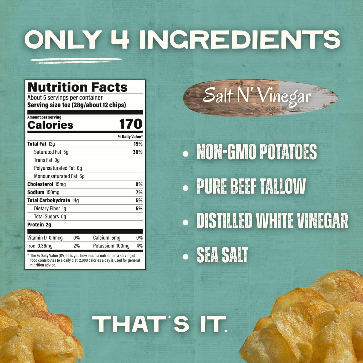 Beefy’s Own Beef Tallow Potato Chips - Kettle Chips Made Without Seed Oils, Gluten Free, Crispy, and Thick Cut - Old-Fashioned Small Batch Fried in