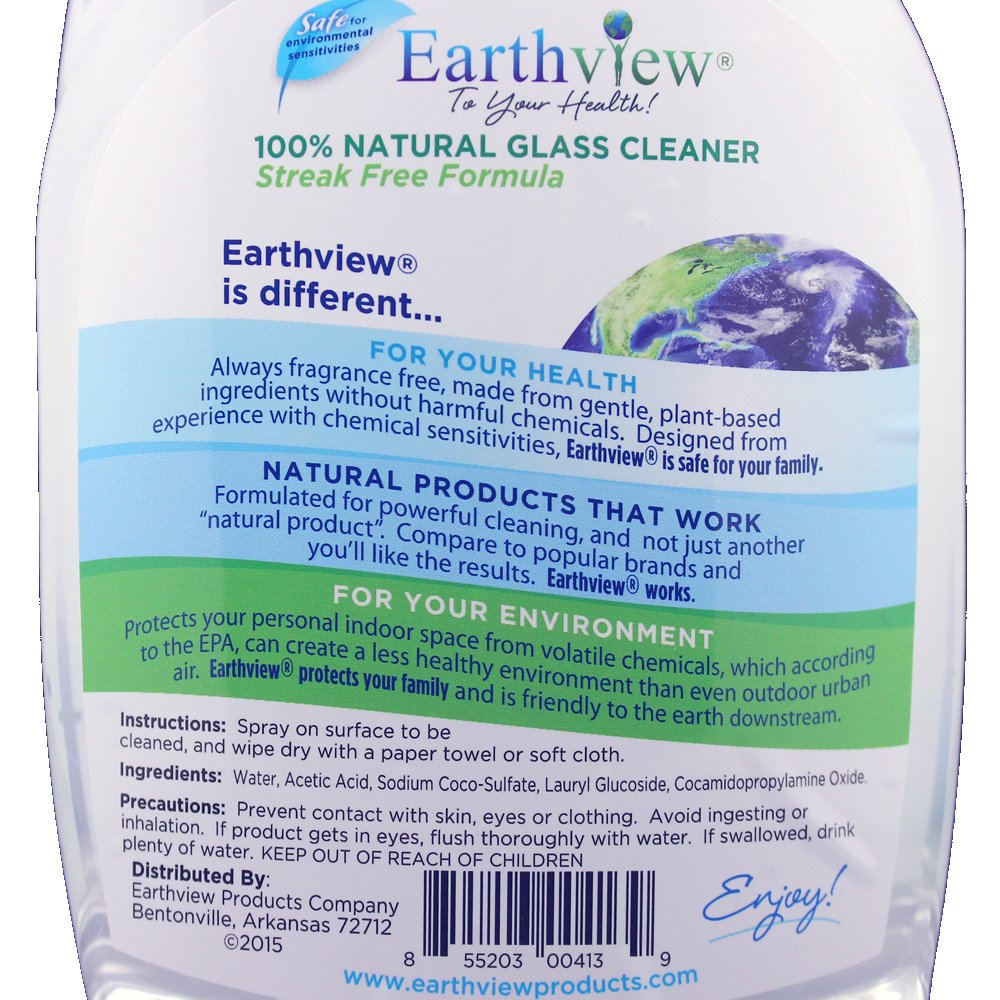 Earthview Glass Cleaner, Fragrance Free, 2 pk/ 32 oz- Designed for Environmental Sensitivities (MCS, EI, MI)