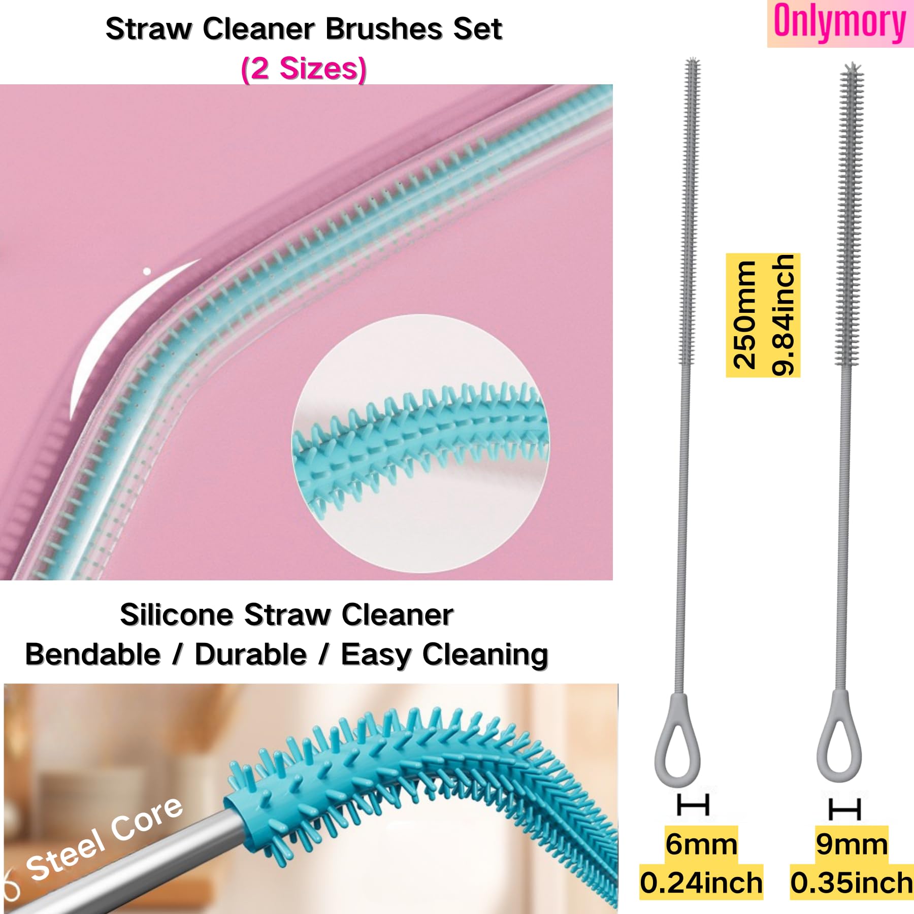 Straw Cleaner Brush, 2PCS Extra Long Silicone Straw Brush for Stanley Cup Accessories, Tumbler, Water Bottle, Reusable Straws Cleaning Brushes