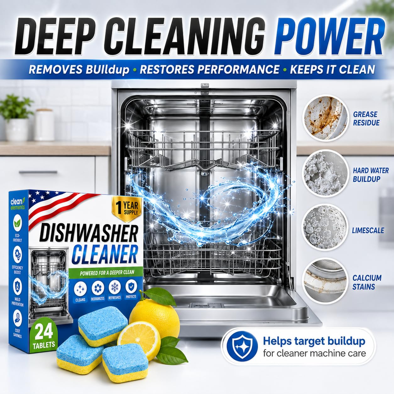 Dishwasher Cleaner Deodorizer Tablets, 24 Pack Dishwasher Cleaning Tablets Descaler Pods for Limescale, Calcium & Hard Water Stains, Lemon Dishwasher