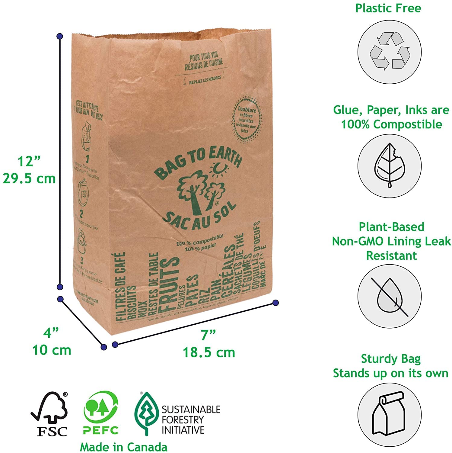 Bag to Earth - Kitchen Food Waste Bag - Compostable Bag - Leak Resistant -%100 Paper Cellulose Liner - Small - 30 Bags