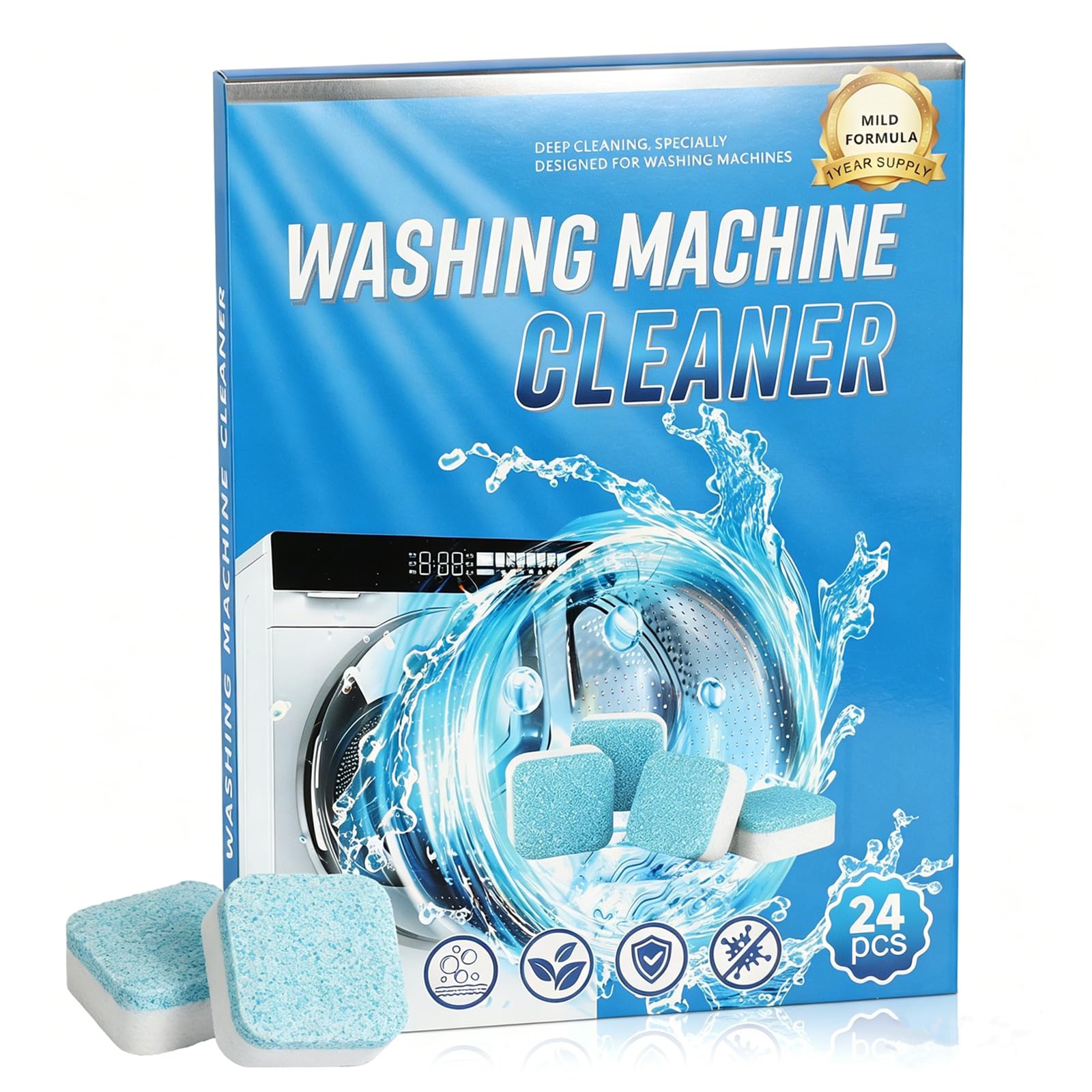 Gihen Washing Machine Cleaning Tablets 24 Count, Powerful Clean Descaler & Odor Remover for All Front & Top Load HE Washers, Septic Safe, 12 Month