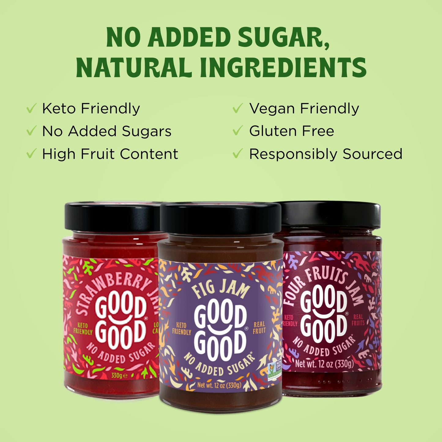 GOOD GOOD Assorted No Added Sugar Jam Gift Box - Strawberry, Fig & Four Fruits Jam Bundle with Serving Spoon - Low Carb, Low-Calorie Spread - Keto