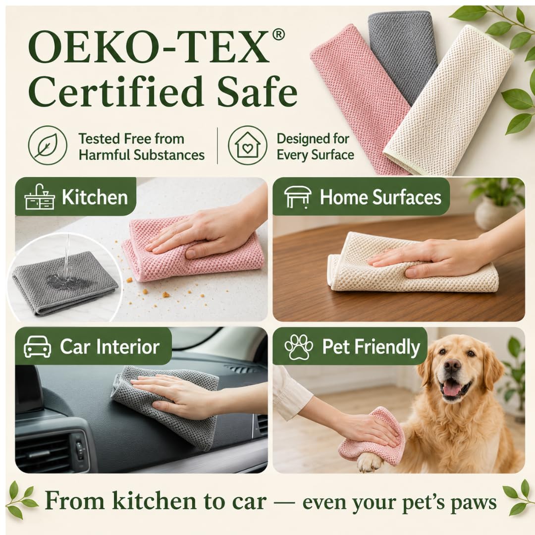 Solyra Oeko-Tex Certified Microfiber Cleaning Cloths - Non-Toxic, Safe for Family & Pets - 6 Pack Kitchen Rags for Counter - 12x12 in, Lint-Free