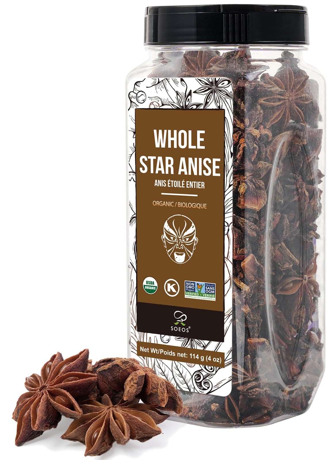 Soeos Organic Star Anise, Whole Star Anise 4 oz (114g), Chinese Star Anise Pods, Star Anise Organic Whole, Non-GMO Verified, Dried Star Anise