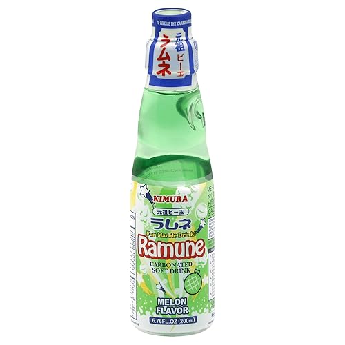 Kimura Ramune Japanese Carbonated Soft Drink Melon Flavor 6.76 Fl Oz | Case of 18