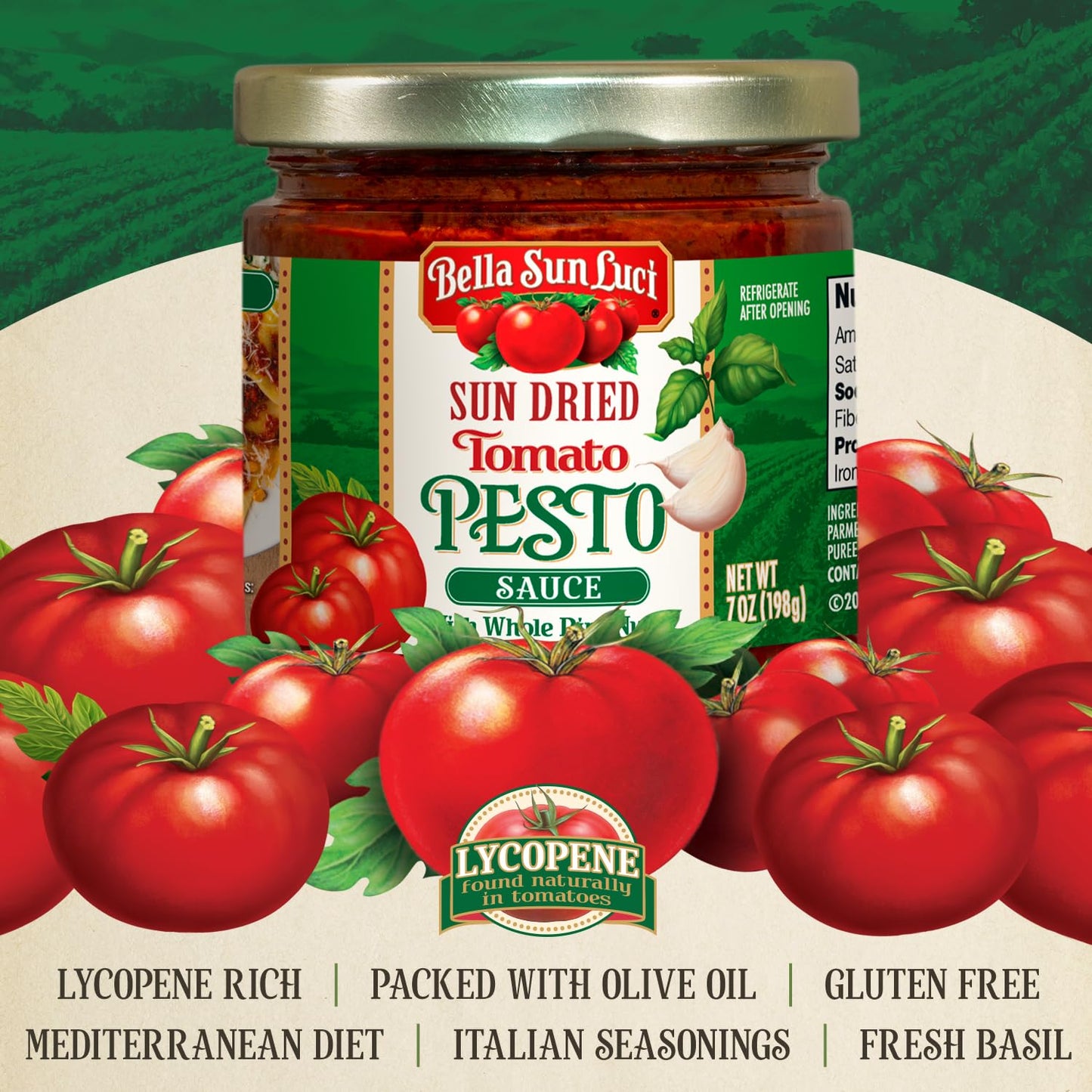 Bella Sun Luci Sun Dried Tomato Pesto Sauce with Whole Pine Nuts, Mediterranean Italian Style Sun-Ripened Tomatoes, Kosher, Vegan, Gluten-Free
