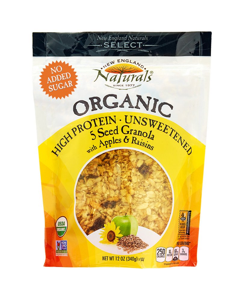New England Naturals Organic High Protein Unsweetened 5Seed Granola Apples & Raisins -- 12 oz