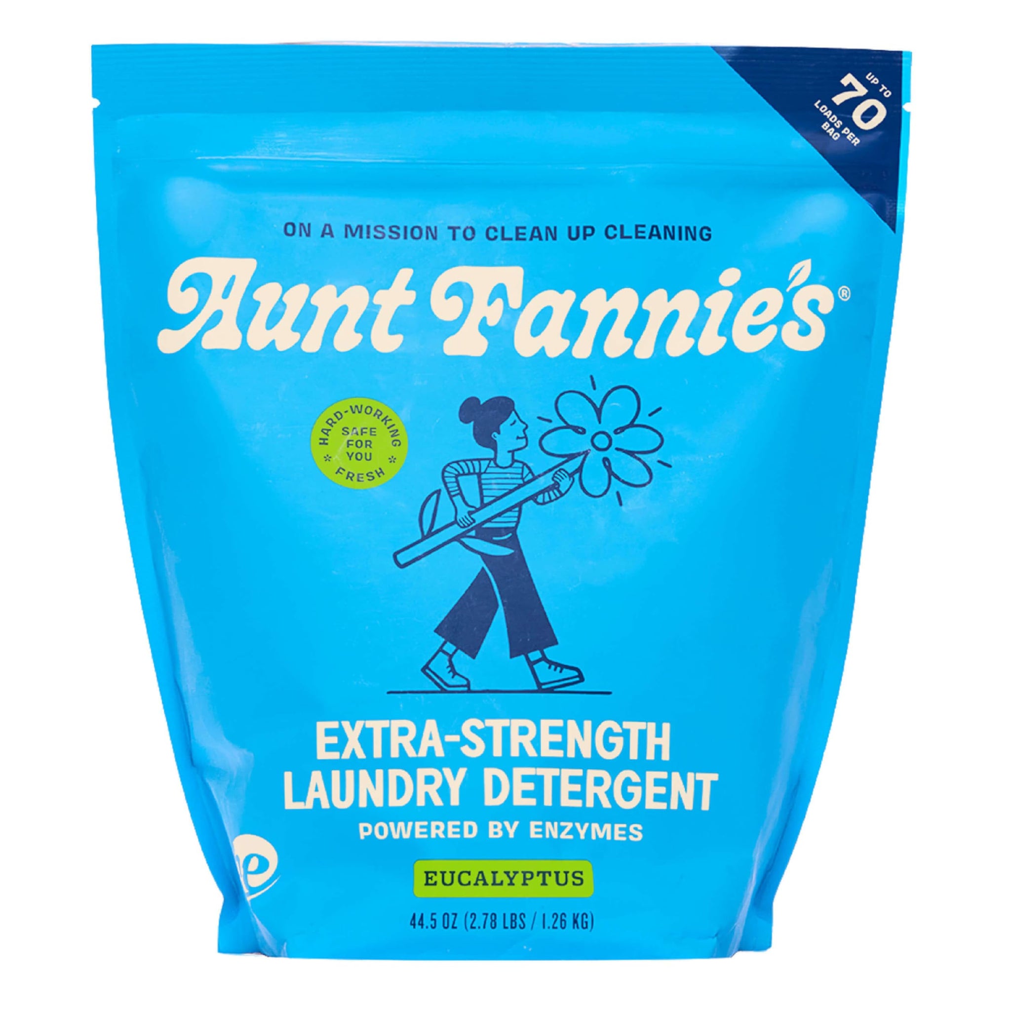 Aunt Fannie's Extra Strength Powder Laundry Detergent, Stain Fighting, Plant Based, Natural Ingredients, 70 Loads Per Bag, Eucalyptus, 44 Oz