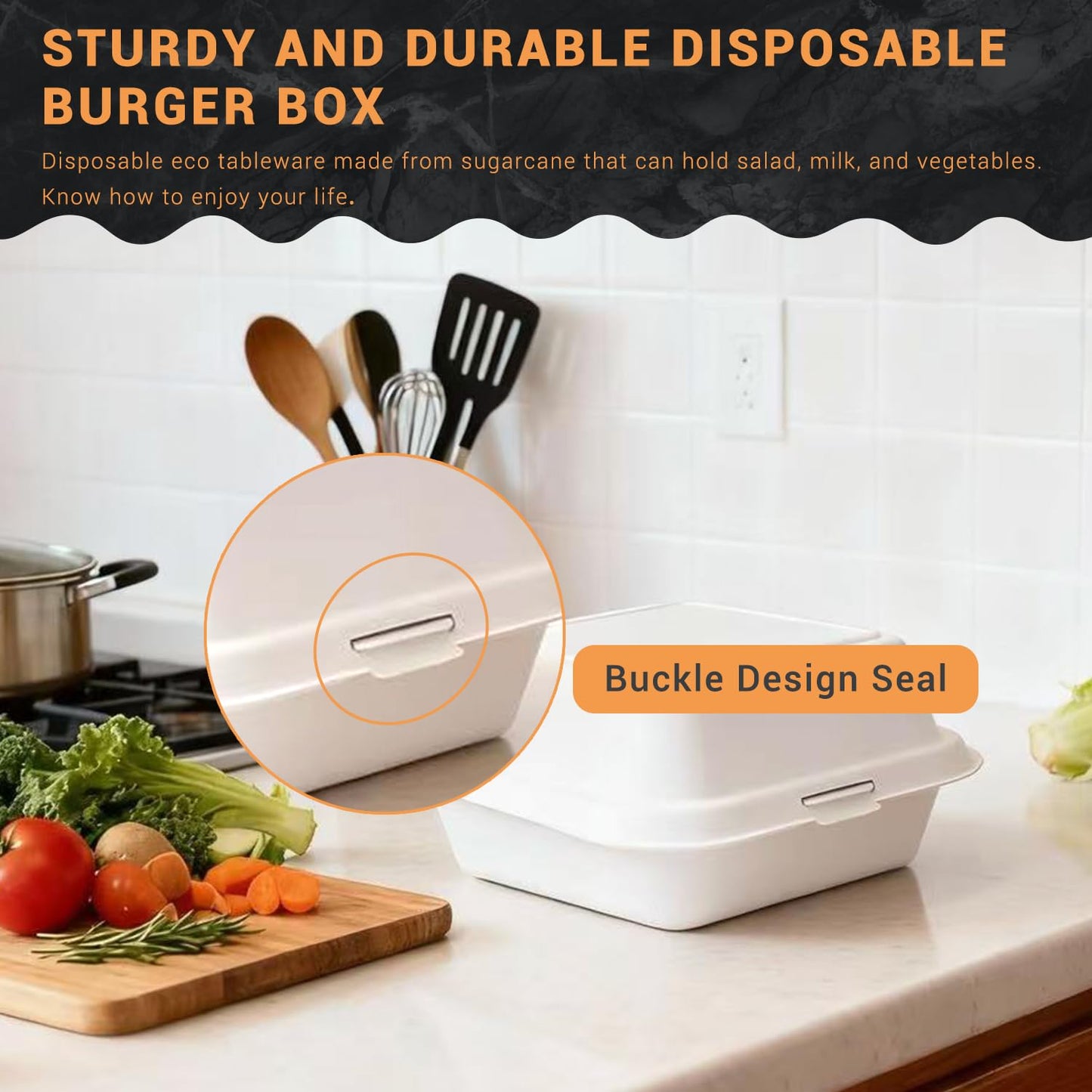 Disposable Burger Paper Clam Shell 100pcs 6" X 6" X 3" Takeaway Container with Flip Lid, Microwave/Frozen Food Grade sugarcane bagasse material