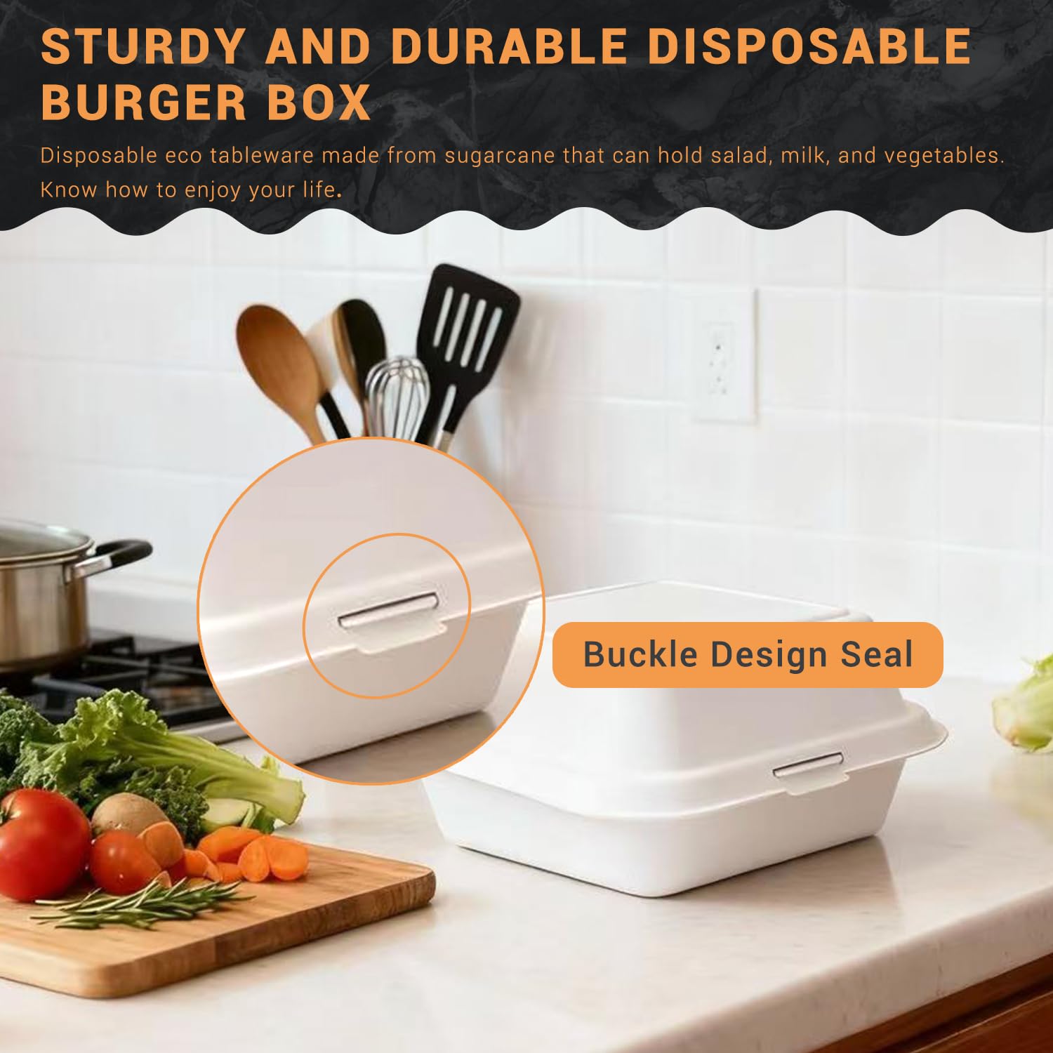 Disposable Burger Paper Clam Shell 100pcs 6" X 6" X 3" Takeaway Container with Flip Lid, Microwave/Frozen Food Grade sugarcane bagasse material