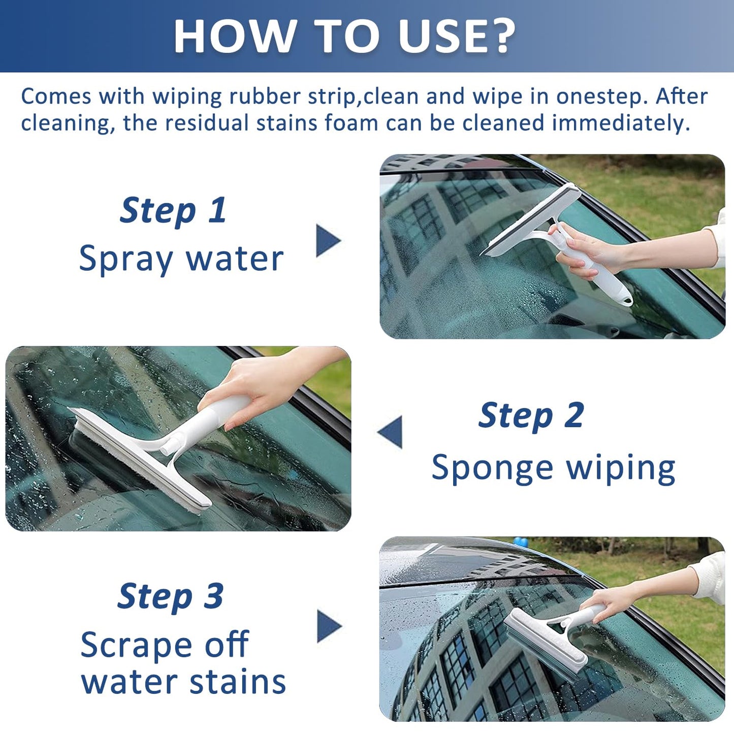 2 Pack All-Purpose Shower Squeegee for Shower Glass Door, Shower Glass Cleaner Squeegee with Spray, Washer, Wiper, 3 Functions in 1, Perfect Household