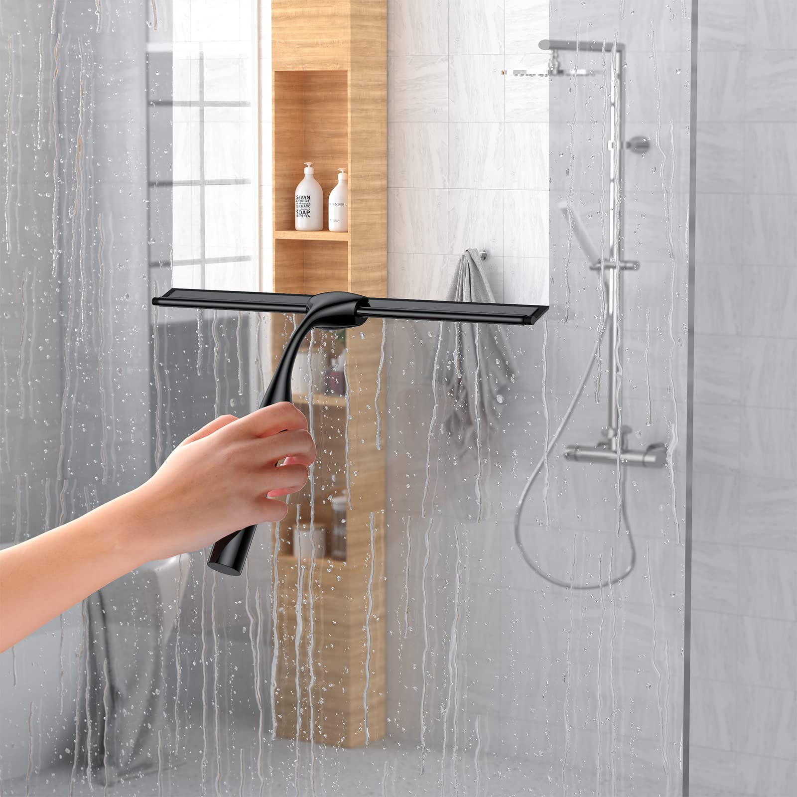 Black 14-Inches Stainless Steel Shower Squeegee Set, Include Shower Door Hook, Adhesive Hook and Spare Silicone Blade, Window Squeegee for Shower
