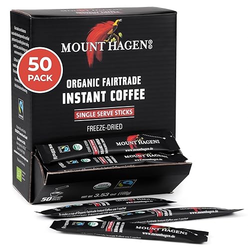 Mount Hagen Dispenser Box - 50 Count Organic Instant Coffee Packets Single Serve, Medium Roast Eco-friendly, Fair-Trade, Freeze-dried Arabica Beans