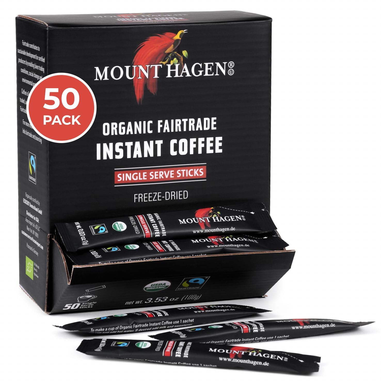 Mount Hagen Dispenser Box - 50 Count Organic Instant Coffee Packets Single Serve, Medium Roast Eco-friendly, Fair-Trade, Freeze-dried Arabica Beans
