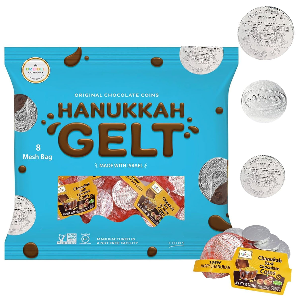 The Dreidel Company Hanukkah Gelt,12 Mesh Bags Dark Bittersweet Non Dairy Parve Coins, Made in Israel, Kosher Certified Chanukah Gelt 12 Mesh Bags