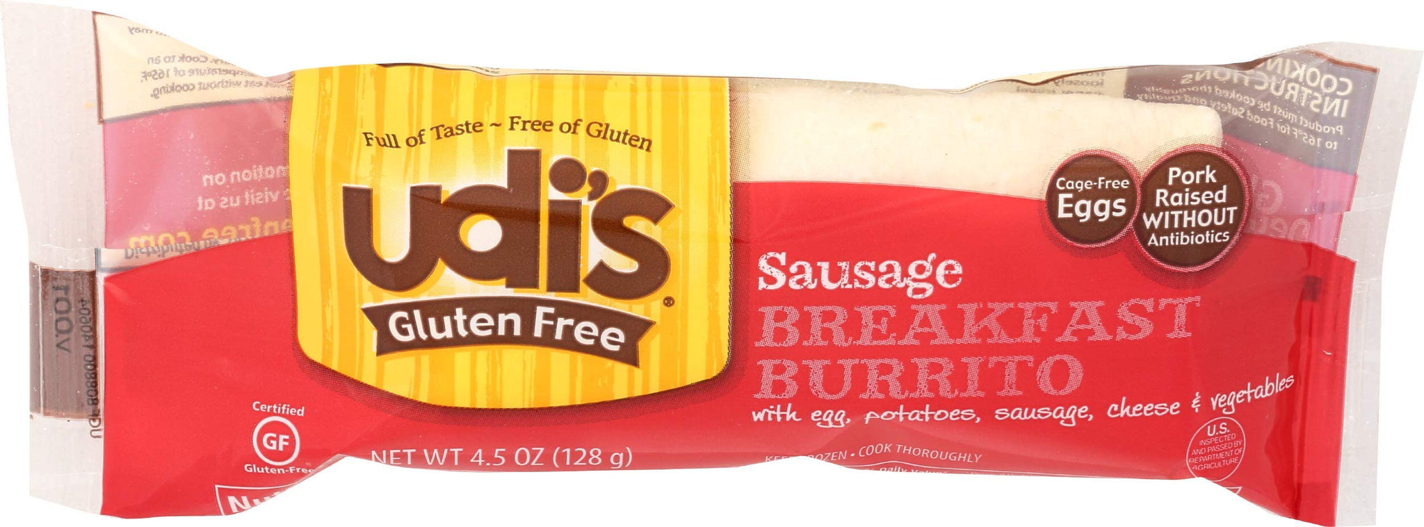 Udi's Gluten Free Breakfast Burrito, Egg/Potatoes and Sausage with Cheese and Vegetables, 4.5 oz (frozen)