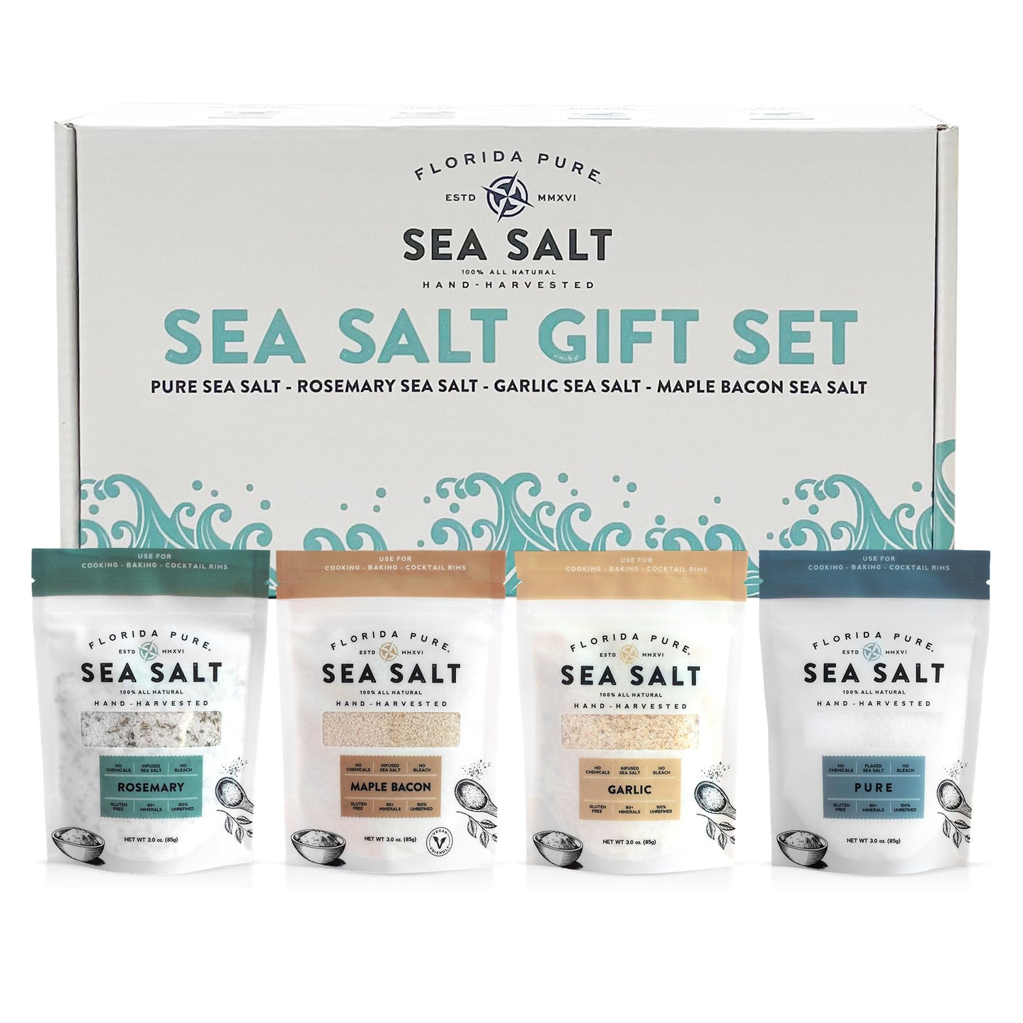 Florida Pure Sea Salt Gift Set - 4 Flavors Bundle with Garlic, Rosemary, Maple Bacon & Pure | Hand-Harvested, Mineral-Rich, All-Natural - Flaky Sea