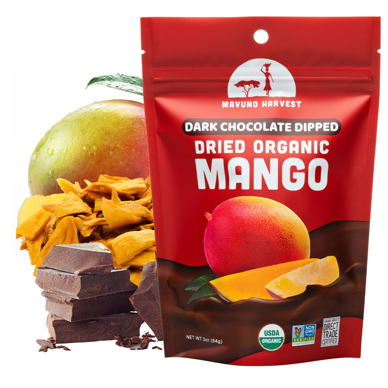 Mavuno Harvest Organic Chocolate Covered Mango - Organic Dried Mango Dipped in Dark Chocolate - Non GMO, Fair Trade, No Preservatives & Vegan