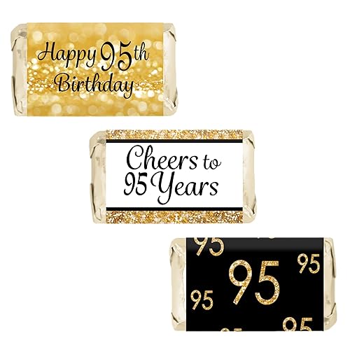 DISTINCTIVS Black and Gold 95th Birthday Mini Candy Bar Wrappers - 42 Stickers, 95th Birthday Decorations