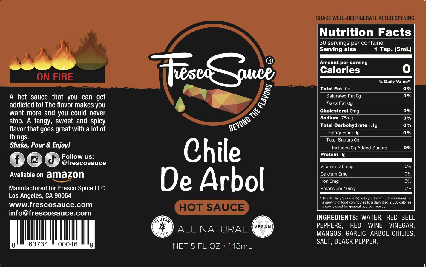 Chile De Arbol Hot Sauce by Fresco Sauce- Arbol Chilies - Mango - Flavorful - All Natural- Vegan - Gluten Free - 5 fl oz