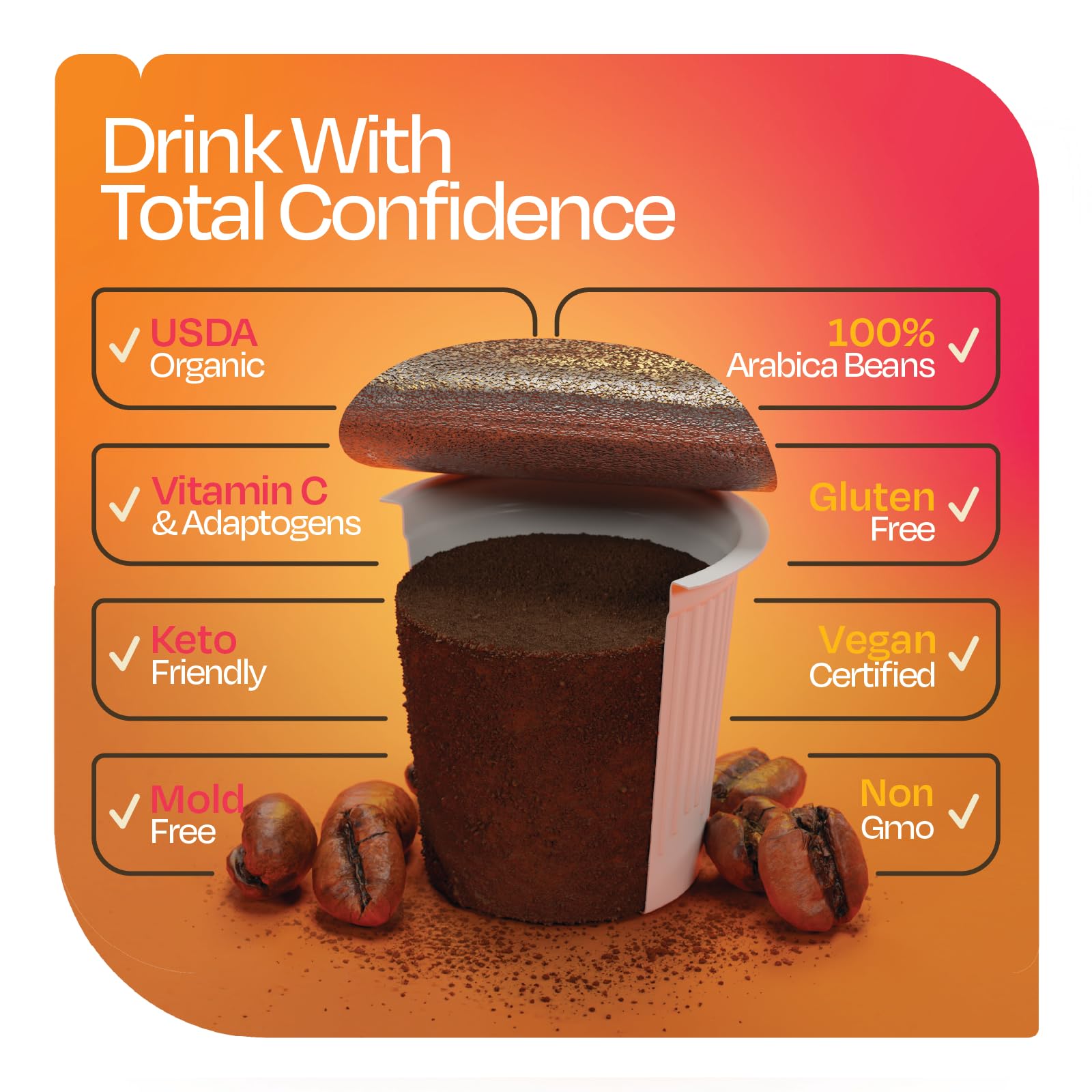 Focus Coffee with Superfoods - Organic Probiotic Mushroom Coffee Pods, Supports Healthy Focus & Digestion, Infused with Ashwagandha, Lion's Mane