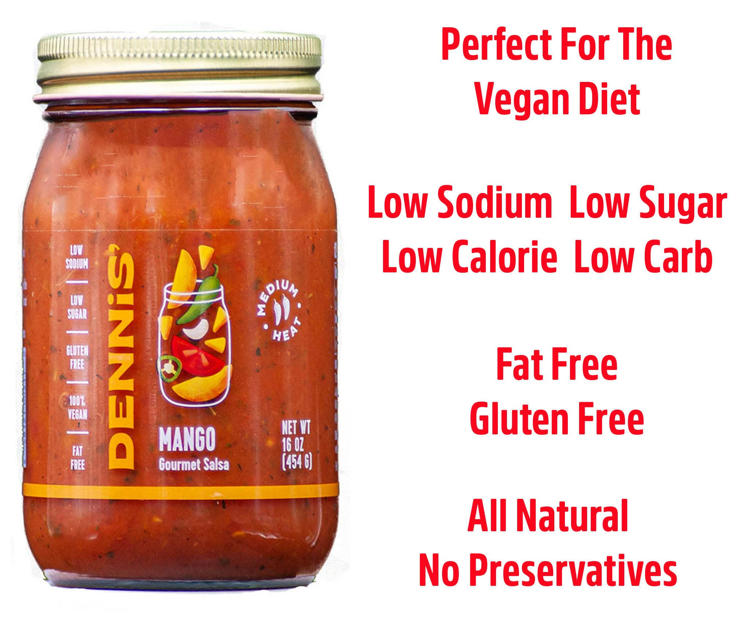 All-Natural Mango Salsa by Dennis’ Gourmet | This fresh, hearty restaurant salsa is low in sugar, calories, carbs, and sodium. Fat and gluten-free
