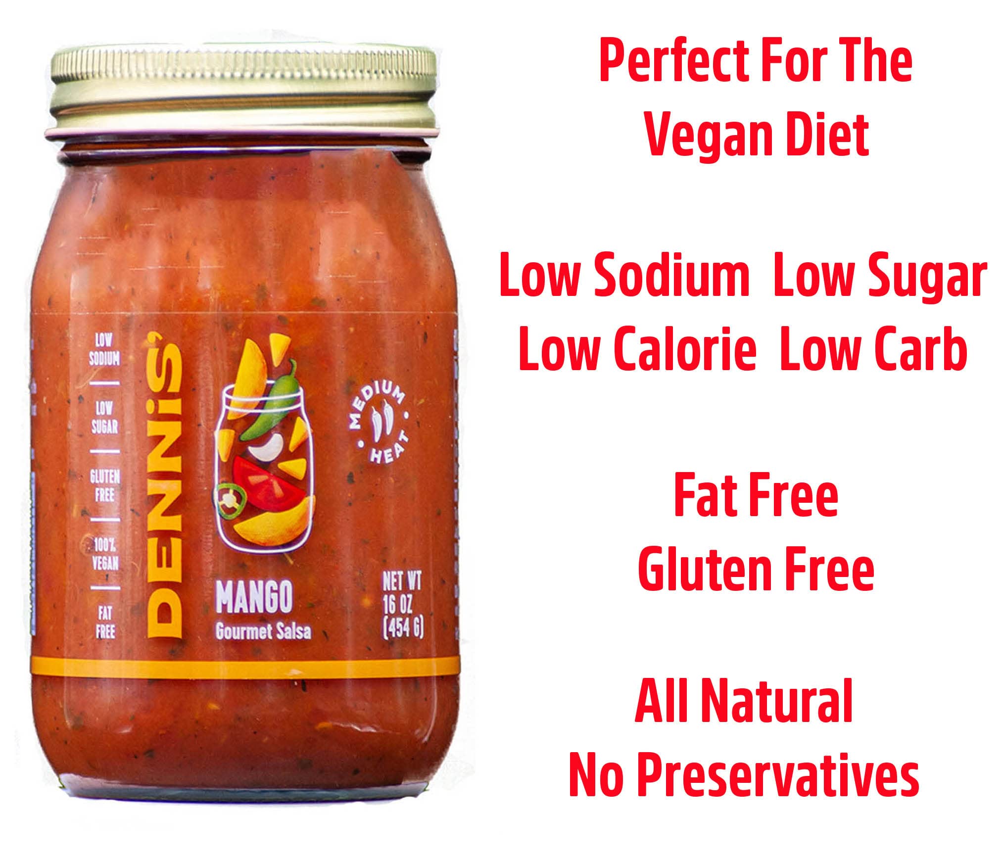 All-Natural Mango Salsa by Dennis’ Gourmet | This fresh, hearty restaurant salsa is low in sugar, calories, carbs, and sodium. Fat and gluten-free