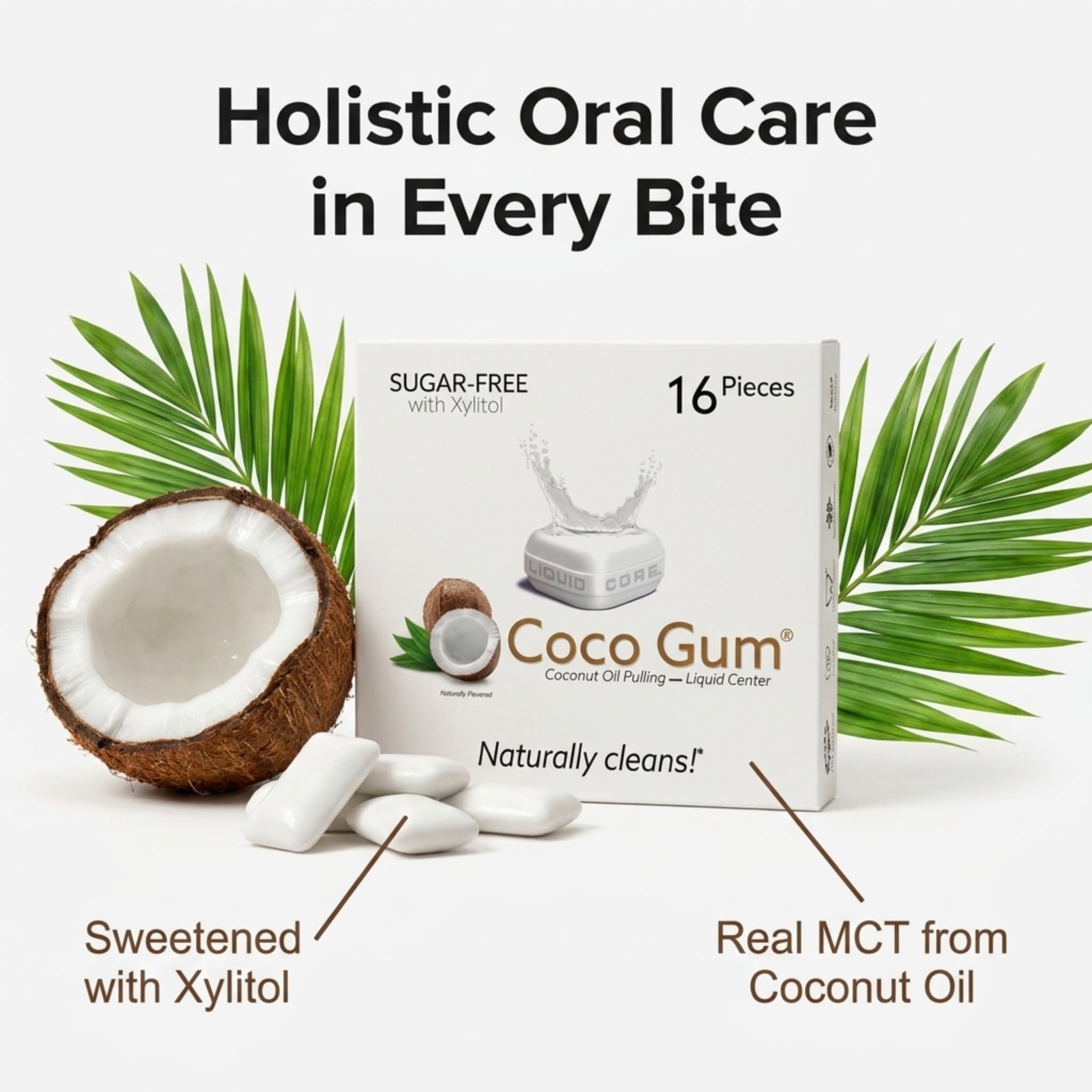 CocoGum - Mint Flavored chewing gum, Coconut Oil Pulling On the Go! Featuring a liquid center with MCT Oil that naturally whitens teeth, freshens