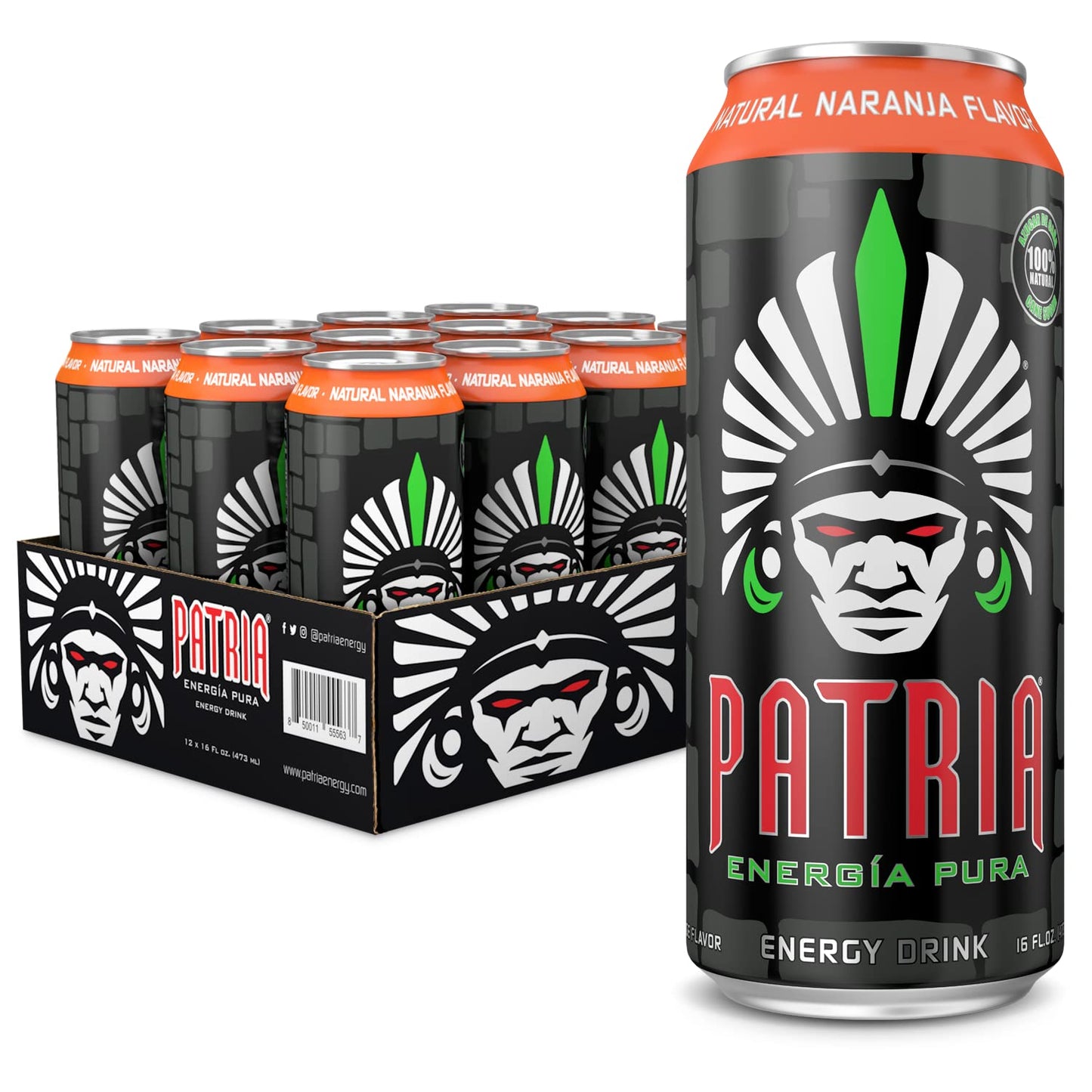Patria Energia Pura Drink - 12-Pack, Natural Orange Flavor, 16oz Cans - 100% Natural Flavors, Cane Sugar- 200mg of Caffeine