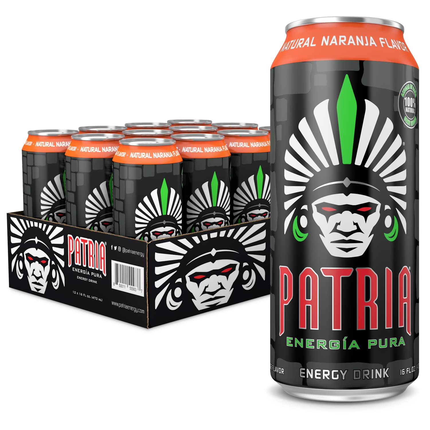 Patria Energia Pura Drink - 12-Pack, Natural Orange Flavor, 16oz Cans - 100% Natural Flavors, Cane Sugar- 200mg of Caffeine