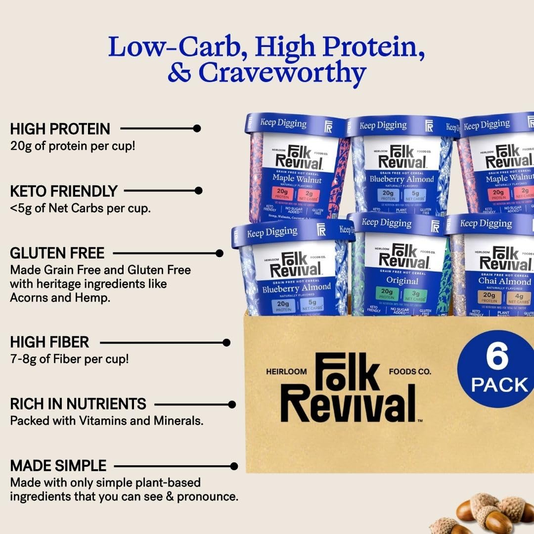Folk Revival Variety Pack Keto Instant 'Oatmeal' - 20g of Protein, Low Carb, High Fiber, 2 Blueberry, 2 Maple Walnut, 1 Chai Almond, 1 Original - 6