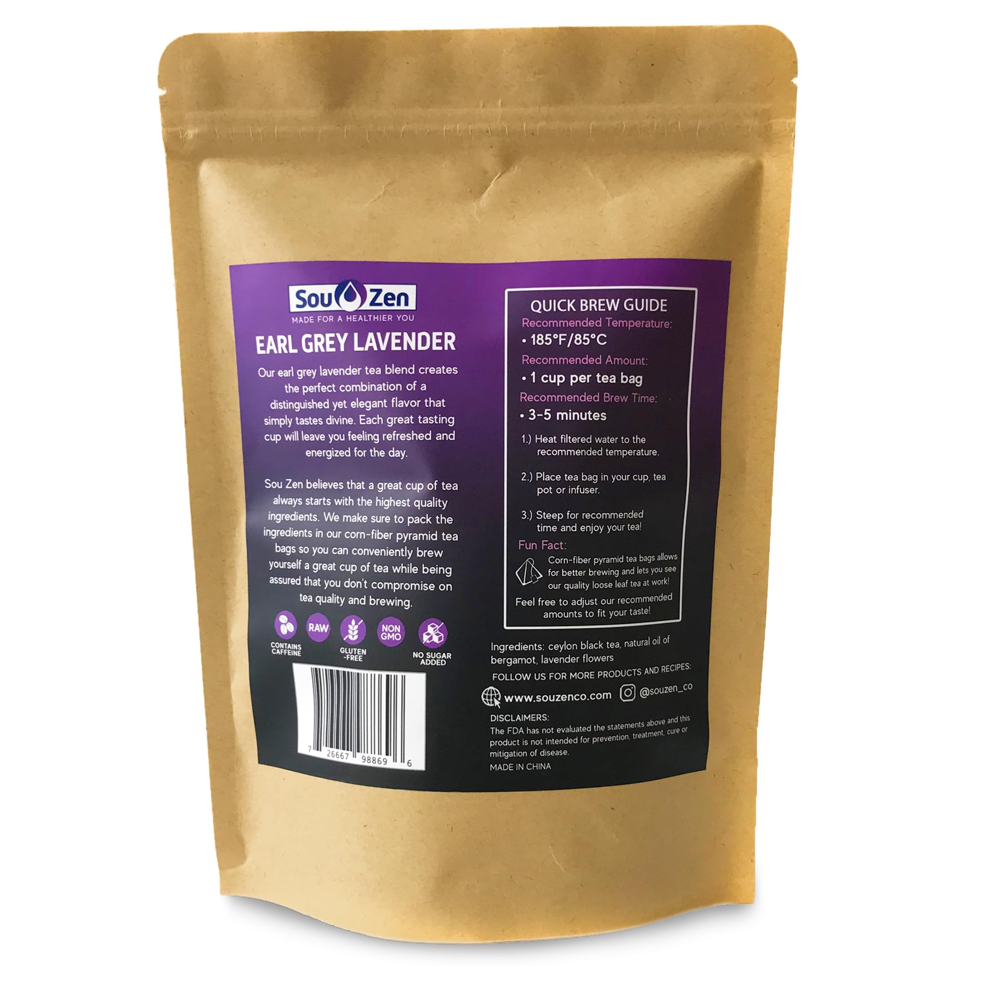 Sou Zen Earl Grey Lavender 30 Corn-Fiber Pyramid Tea Bags | Premium Loose Leaf Blend with Bergamot & Lavender | Naturally Organic Ingredients, No