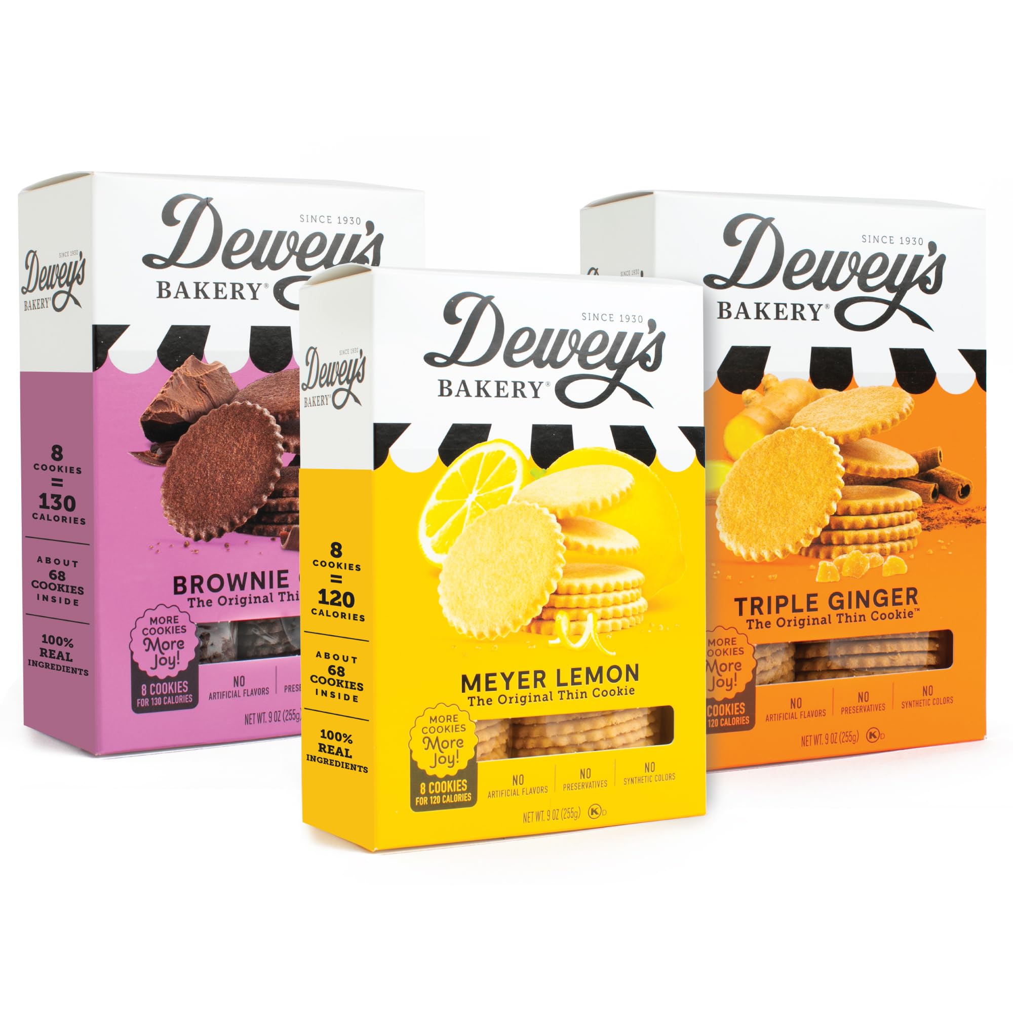 Dewey's Bakery Meyer Lemon, Brownie Crisp & Triple Ginger Moravian Cookie Thins Variety Pack, Bakery Fresh with Real Simple Ingredients, Low Calorie