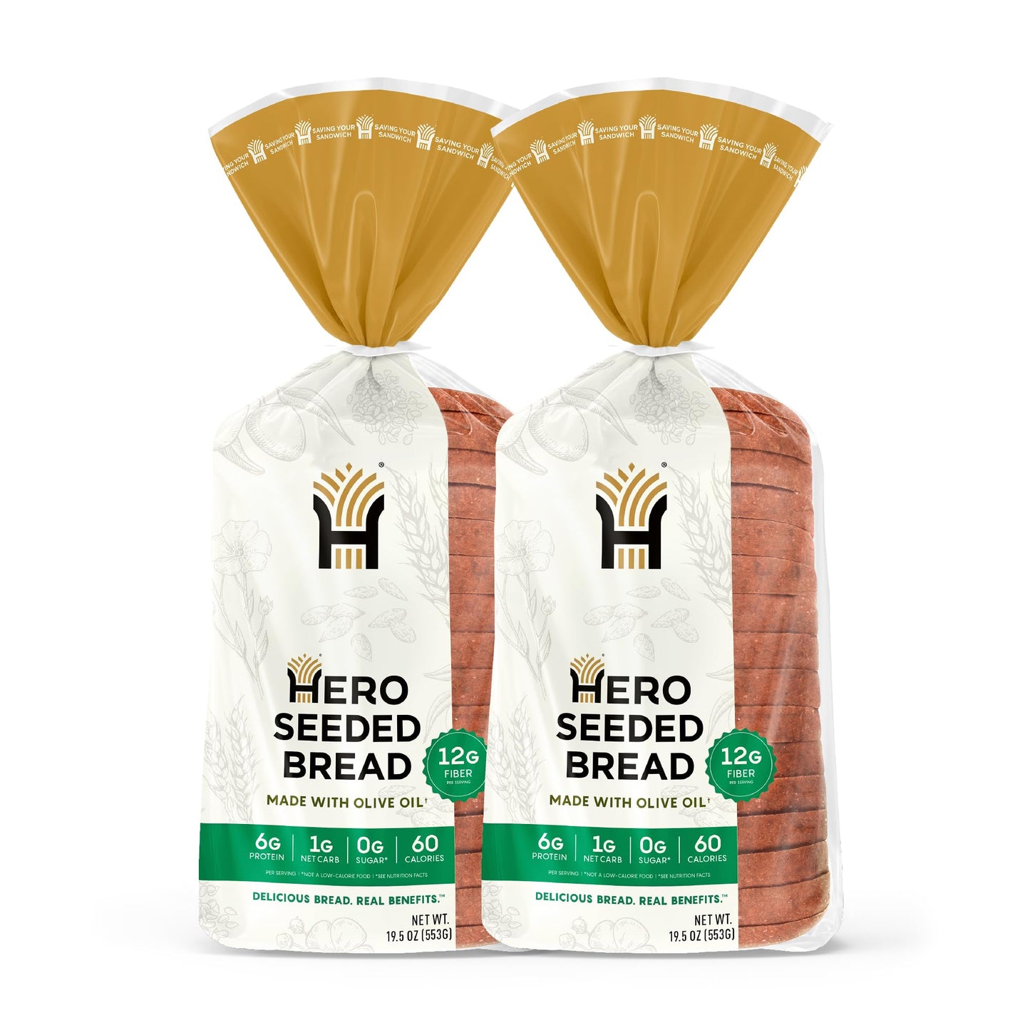 Hero Seeded Bread - Delicious Bread with 1g Net Carb, 0g Sugar, 60 Calories, 12g Fiber per Slice | Tastes Like Regular Bread | Low Carb & Keto