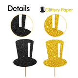 24PCS Tophat Cupcake Toppers, Hat Cupcake Topper for Boys, Little Boy Food Picks, Magic Themed Birthday Party Decoration - Black & Gold Glitter