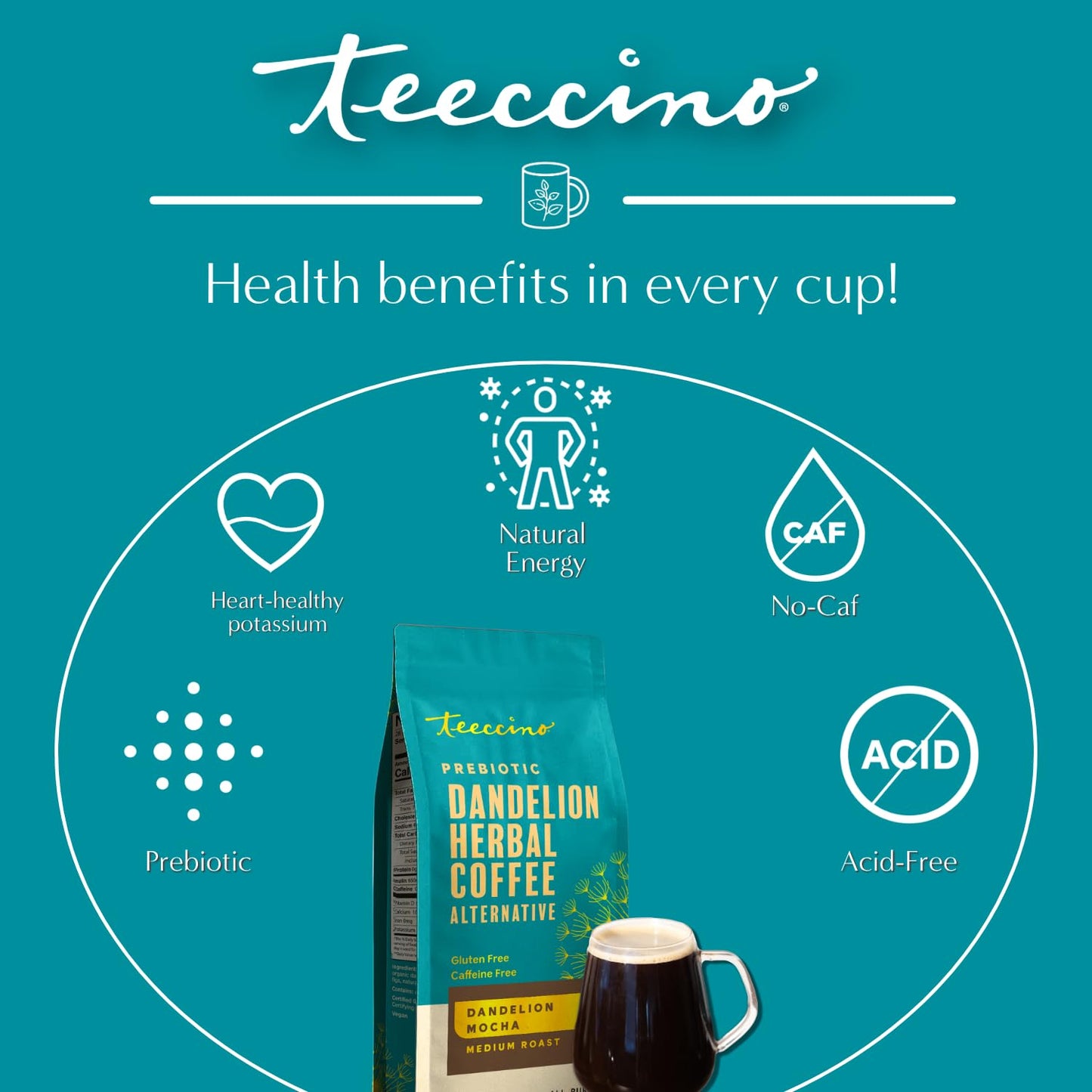 Teeccino Dandelion Mocha Herbal Coffee - Caffeine-Free Coffee Alternative with Prebiotics, Gluten Free, Acid Free - Medium Roast, 10 oz