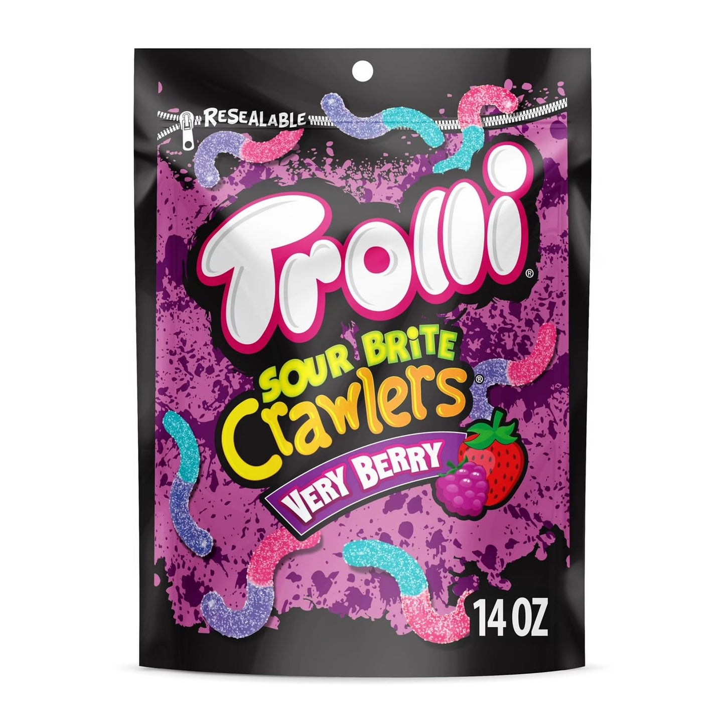 Troli SourBright Crawlers Very Berry Gummy Worms Candy, Sweet and Sour Chewy Gummies, 14oz Bags (4 Pack), Bulk Share Size Movie Theater Candy Snack