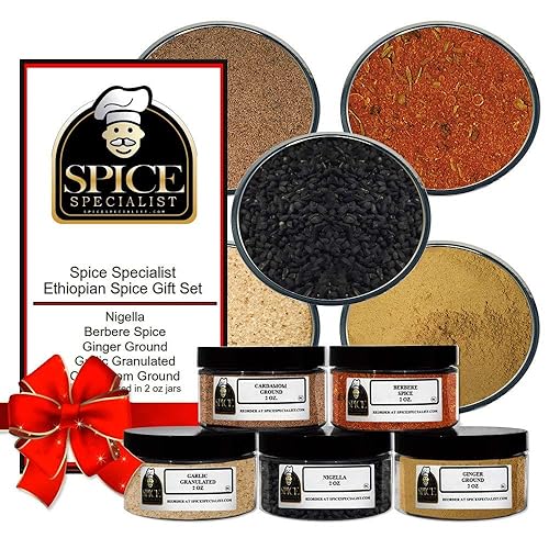 Ethiopian spice set - Contains: 5 Plastic Jars (1 each of: Nigella, Berbere, Ginger, Garlic, Cardamom ground)