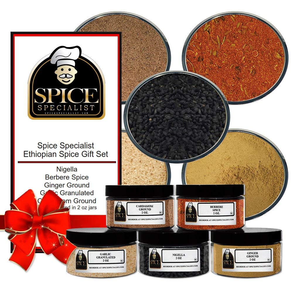 Ethiopian spice set - Contains: 5 Plastic Jars (1 each of: Nigella, Berbere, Ginger, Garlic, Cardamom ground)