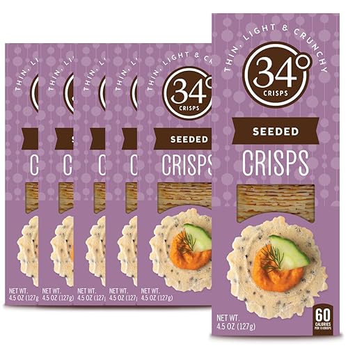 34 Degrees Seeded Crisps | Light & Crunchy Thin Crackers for Charcuterie, Cheese Boards & Entertaining, 6 Pack (4.5oz each)