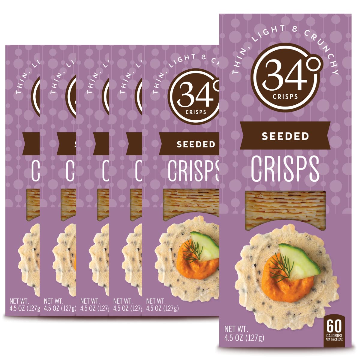 34 Degrees Seeded Crisps | Light & Crunchy Thin Crackers for Charcuterie, Cheese Boards & Entertaining, 6 Pack (4.5oz each)
